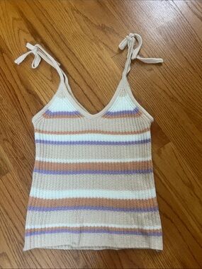 Pink Lily Cream Knit Tie-Shoulder Tank with Lavender Tan Stripes S Clemson game